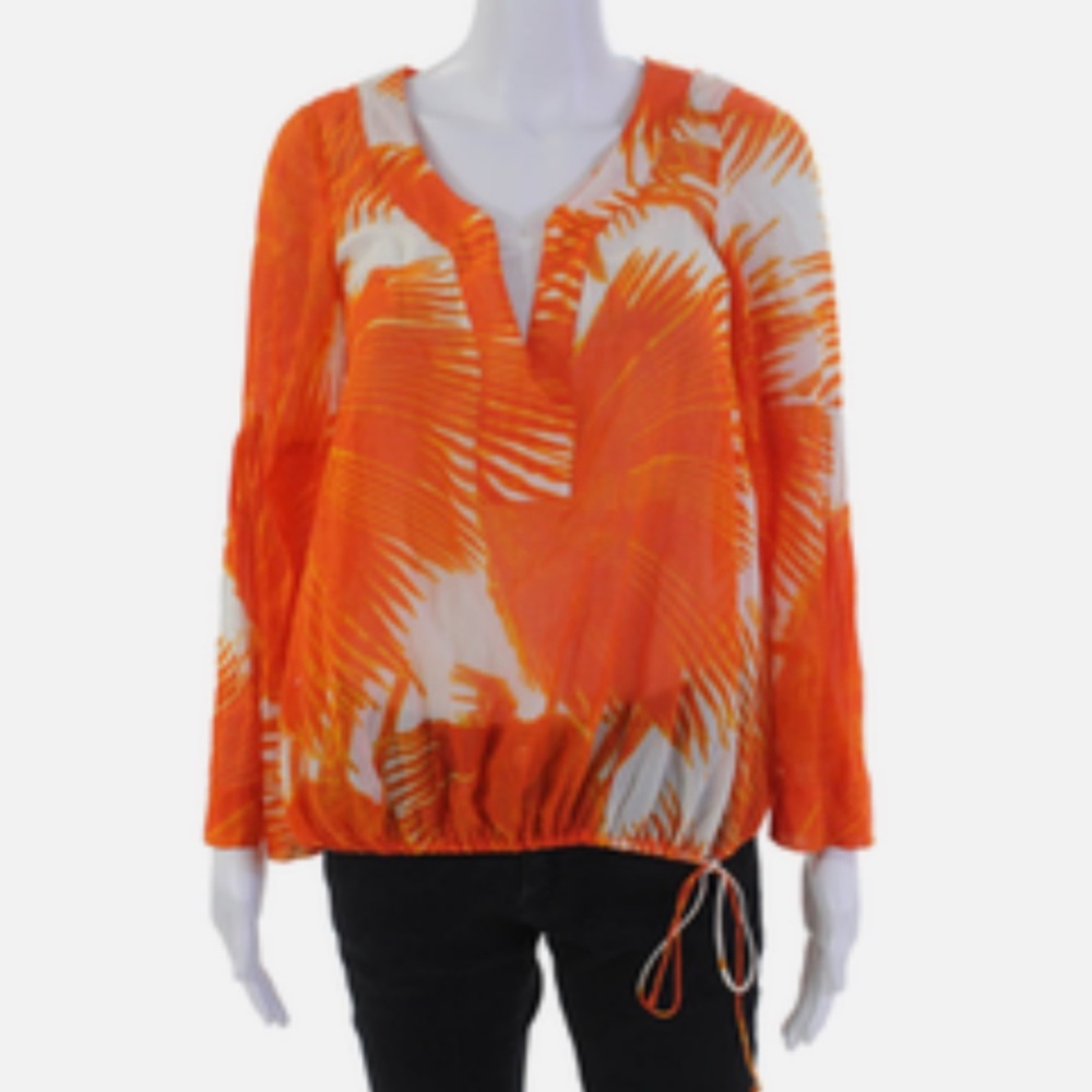 Diane Von Furstenberg Womens Cotton Floral Long Sleeve Blouse Orange Size 6